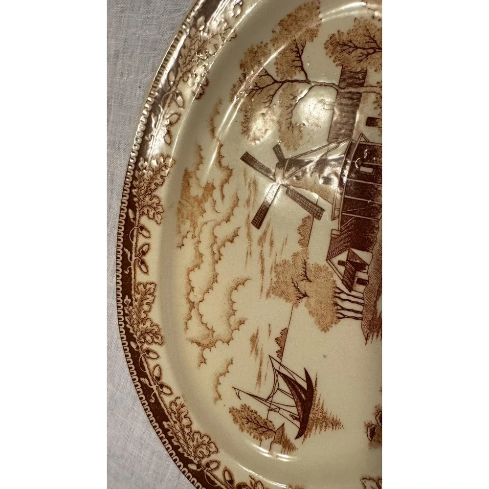 Vintage Small Transferware Platter Plate Windmill, And Sailboat Motif